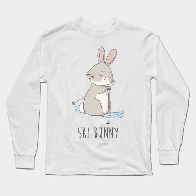 Ski Bunny Cute Rabbit, Bunny Ski Long Sleeve T-Shirt by Dreamy Panda Designs
